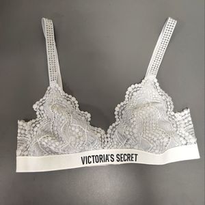 Victoria Secret lace brallette with Rhinestones straps gray and white Sz M NWOT
